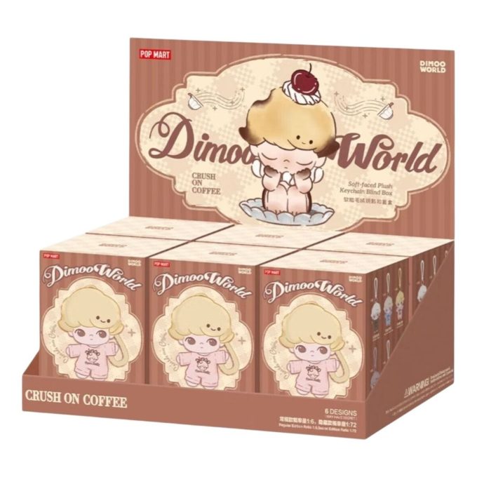 Dimoo クラッシュ・オン・コーヒー ぬいぐるみキーチェーン 密封ケース (ブラインドボックス 6 個)